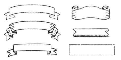 鉛筆で書いたラフでビンテージ風のリボンセット。手描きの温かみがあるおしゃれなイラスト素材