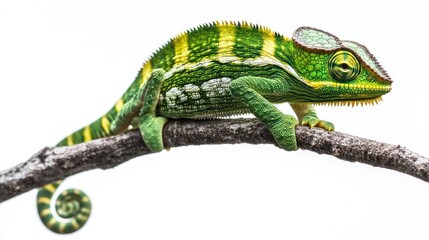 Fototapeta premium Green Chameleon on Branch, Isolated Studio Shot