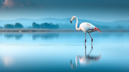 Obraz premium Graceful flamingo walking through tranquil wetland serene landscape nature photography