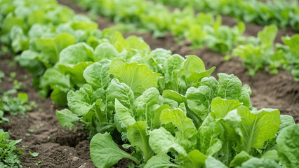 Naklejka premium Rows of young vibrant green leafy vegetables growing in field
