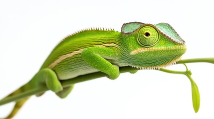 Fototapeta premium Closeup of a young chameleon on a branch against white background. Suitable for educational or nature publications.