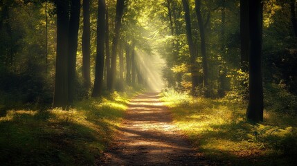 Obraz premium A sunlit forest path surrounded by tall trees and greenery