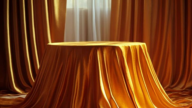 A stunning display of golden fabric draping elegantly around a table.