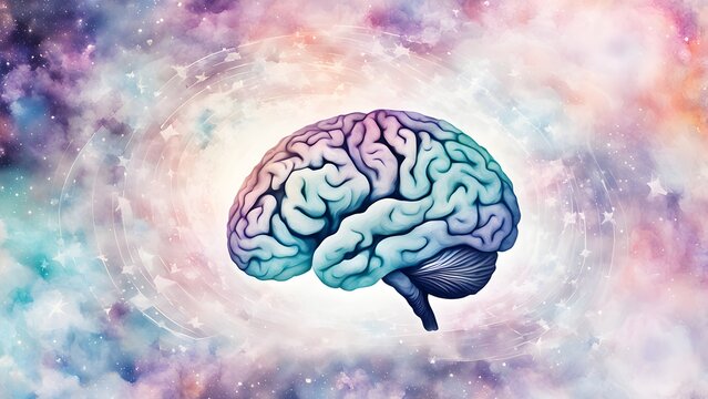 A human brain depicted against a vibrant watercolor galaxy backdrop, symbolizing vast potential mind.