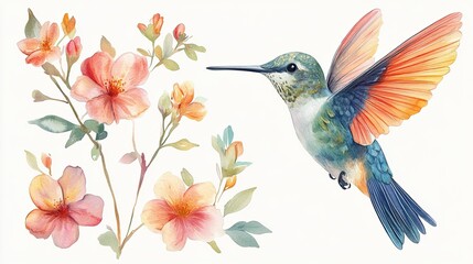 A set of watercolor design elements featuring a paradise hummingbird in flight.