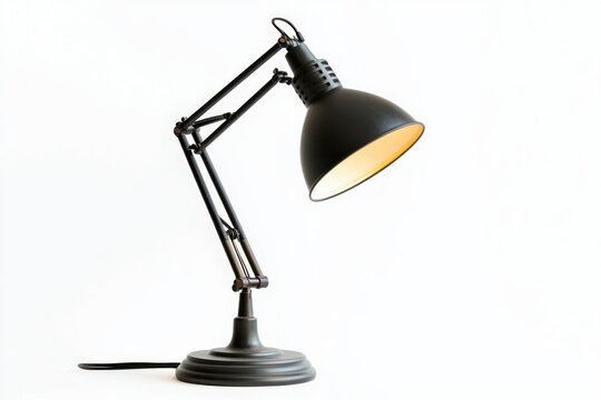 Black desk lamp with adjustable arm on white backdrop showcasing modern elegant design and warm illumination creating a focal point