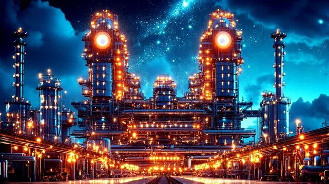 A futuristic industrial complex illuminated under a starry night sky.