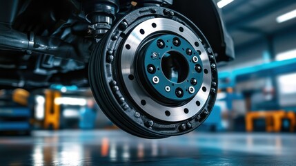 Close-up of a car's brake rotor and hub assembly. Illustrates automotive repair, maintenance, or engineering concepts.
