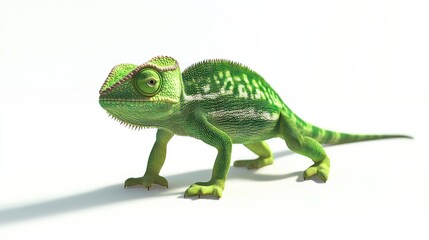 Obraz premium 3D Rendered Green Chameleon, Isolated White Background. Possible Use Educational or scientific resource for reptiles or zoology