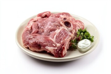 Raw Lamb Shoulder on White Plate with Parsley and Garlic Sauce Fresh Red Meat on Bright Background