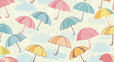Colorful Umbrellas and Raindrops Pattern with Sky Blue Clouds Background