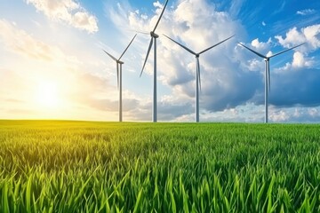 Scenic View of Wind Turbines in a Green Field Under a Sunny Sky Renewable Energy Concept