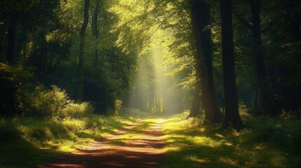Fototapeta premium Sunlit Forest Path Leading Through Trees With Green Foliage