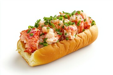 Delicious lobster roll with fresh chives on bright white background for food blog or restaurant menu