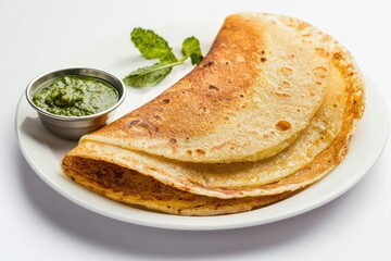 Crispy Dosa with Green Chutney on White Plate Exquisite South Indian Cuisine Authentic Flavor Bright White Backgound Food Photography Delicious