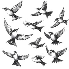Obraz premium A collection of ten detailed hand drawn sketches of birds in flight against a white background perfect for design projects.