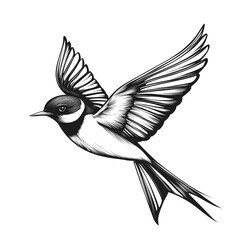 Fototapeta premium A detailed hand-drawn illustration depicts a small bird in flight with its wings spread wide against a clean white background.