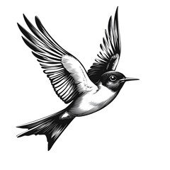 Obraz premium A detailed black and white illustration of a bird in flight with its wings spread wide showcasing intricate feather detail and a dynamic pose.