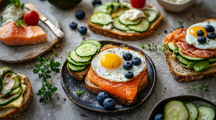 A variety of open-faced sandwiches with slices of bread, fresh vegetables like cucumber and avocado, fish or chicken, and cheese