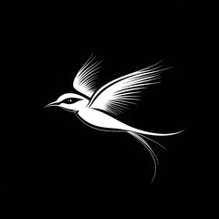 Obraz premium An elegant white bird in flight is depicted against a stark black background creating a minimalist artistic design.