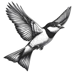 Obraz premium A detailed ink drawing of a small bird in flight shows intricate wing and feather detail against a white background.