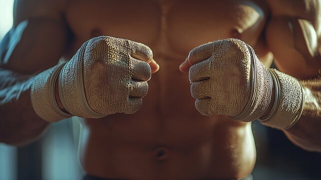 Athletic male fighter with wrapped hands showcasing strength and determination in training environment