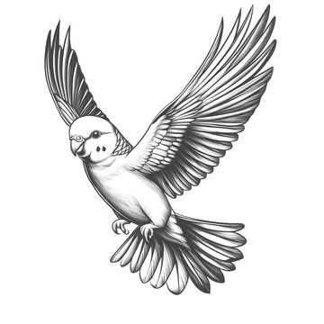 A detailed hand-drawn illustration of a budgerigar parakeet in flight with wings outstretched showcasing intricate feather detail.