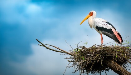 a painted stork perches on a branch near his nest © Jarek