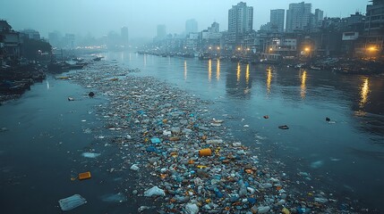 A river choked with plastic waste flowing past a crowded city, symbolizing urban pollution's impact on water bodies