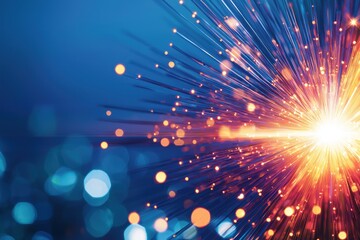 Fototapeta premium Radiant Burst of Fiber Optic Strands Illuminating Blue Backdrop Technology Concept Abstract Futuristic View