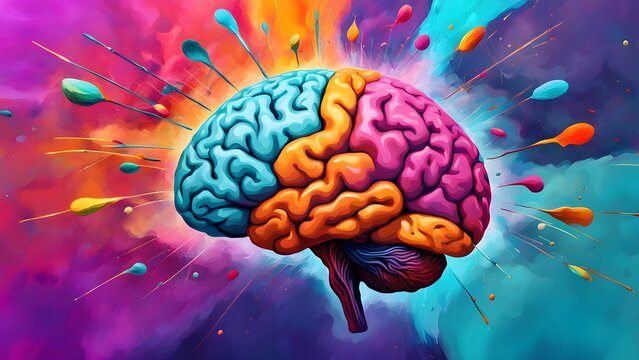 A vibrant illustration a human brain exploding colorful paint splashes, representing creativity imagination.