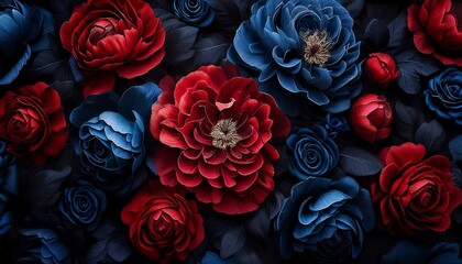 dark floral wallpaper red black and blue roses and peonies gothic moody flowers composition