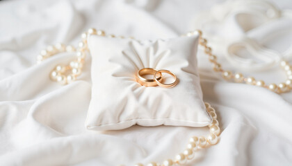 Wedding ring pillow with golden rings on satin background  