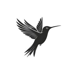 Obraz premium A stylized black hummingbird silhouette gracefully flies in mid-air with wings outstretched against a plain white background.