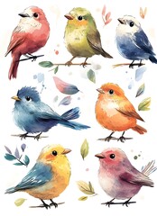 Fototapeta premium Eight adorable watercolor birds perched on branches with colorful feathers and leaves create a charming whical illustration perfect for children's