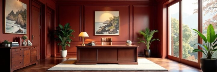 Elegant office space with traditional Chinese decor, modern aesthetic, desk