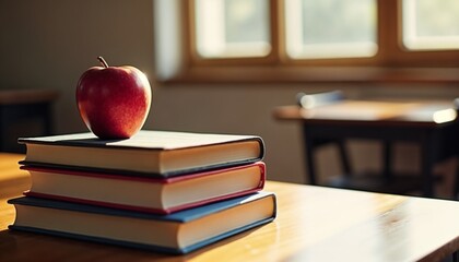 Classroom books and apple with sunlight streaming in