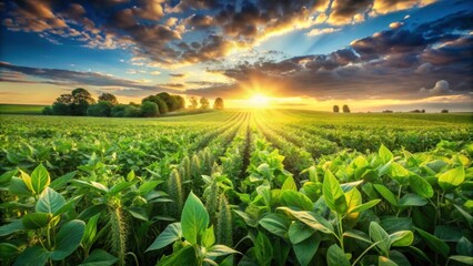 Vibrant Sunrise Over Lush Fields of Green Crops and Stretched Horizons