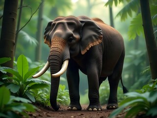Fototapeta premium Generative AI Elephant: Majestic Proboscidean Trekking Through Verdant Jungle