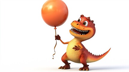 Bright cartoony dinosaur character holding a balloon perfect for children's merchandise or party supplies