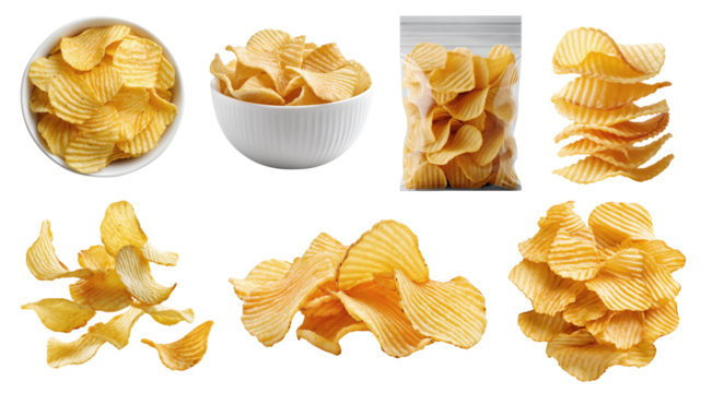 Wavy Wave ridge ripple ruffle Potato chip chips, many angles and view side top front heap pile bowl packet foil stack on transparent background cutout PNG. Mockup template for artwork design	
