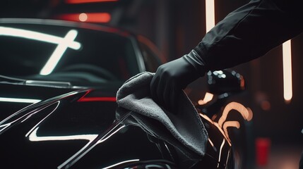 Professional Car Detailer Applying Finishing Touches to Vehicle