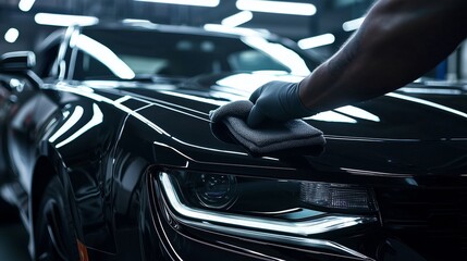Professional Car Detailer Applying Finish to Black Vehicle Surface