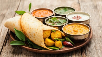 Delicious Dosa and Sambar South Indian Cuisine with Colorful Chutney Variety on Rustic Wood Table Top Angle