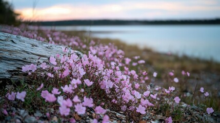 Obraz premium Pink flowers on a rocky shoreline.