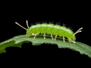 Naklejka premium Close-up of a vibrant green caterpillar resting on a leaf against a dark background