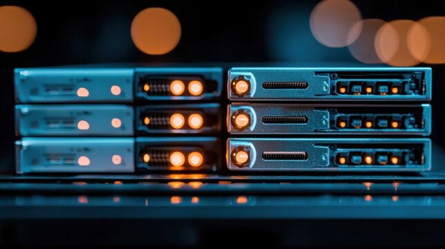 A stack of servers with glowing orange lights.