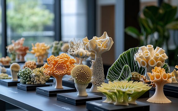 Collection of 3D printed coral reef models on display.