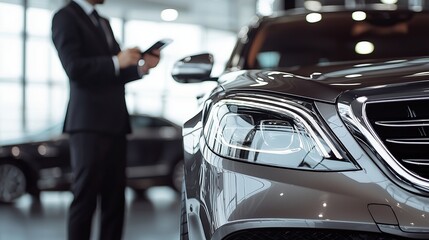 Attendant Presenting Luxury Car in Modern Showroom Environment