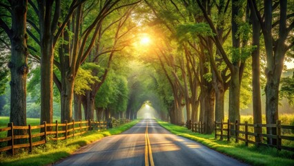 Sunlit Pathway Through a Verdant Tree-Lined Road, Gentle Morning Mist, Wooden Fence